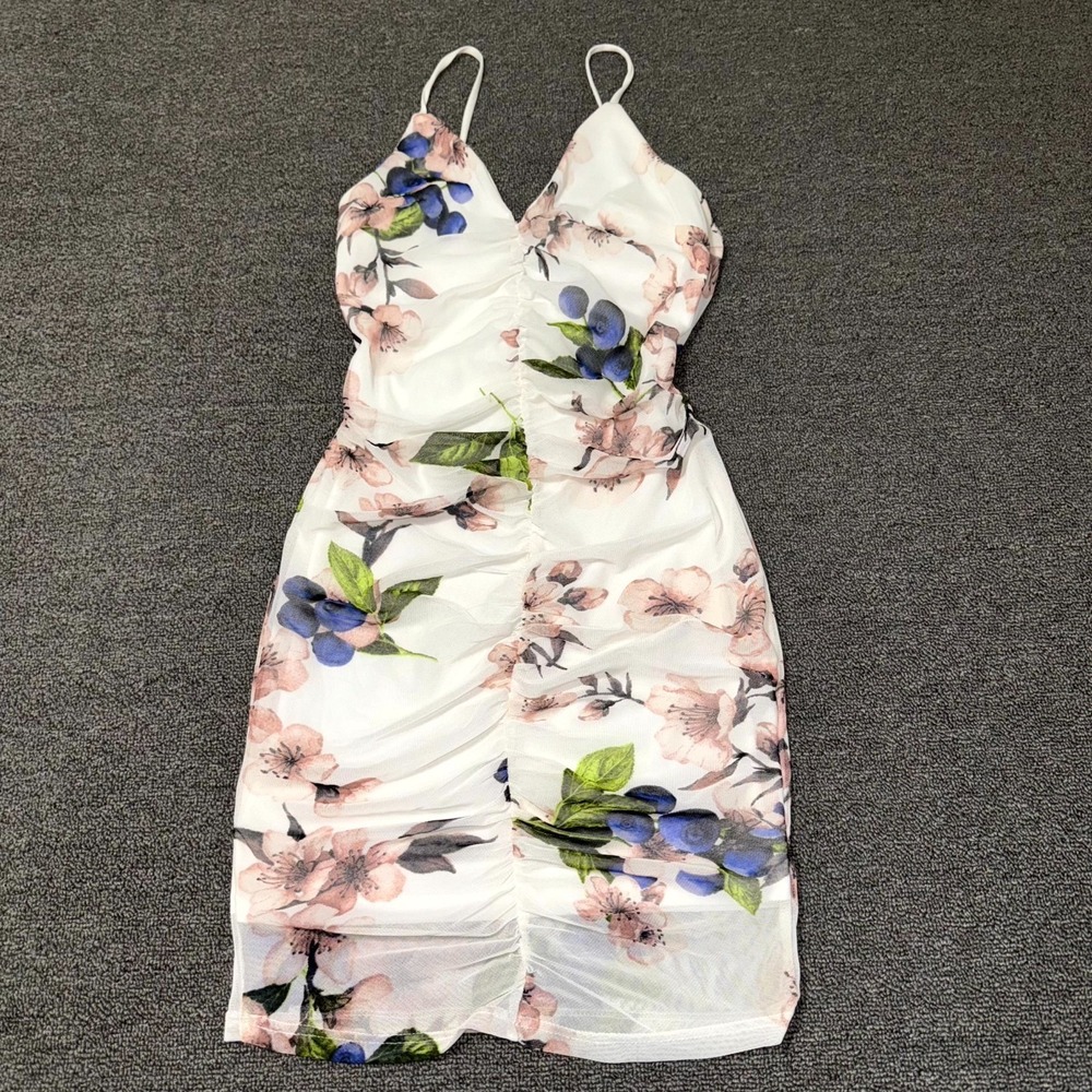 TRAC Bodycon Ruched Dress Womens Small White Floral Spaghetti Strap Coquette